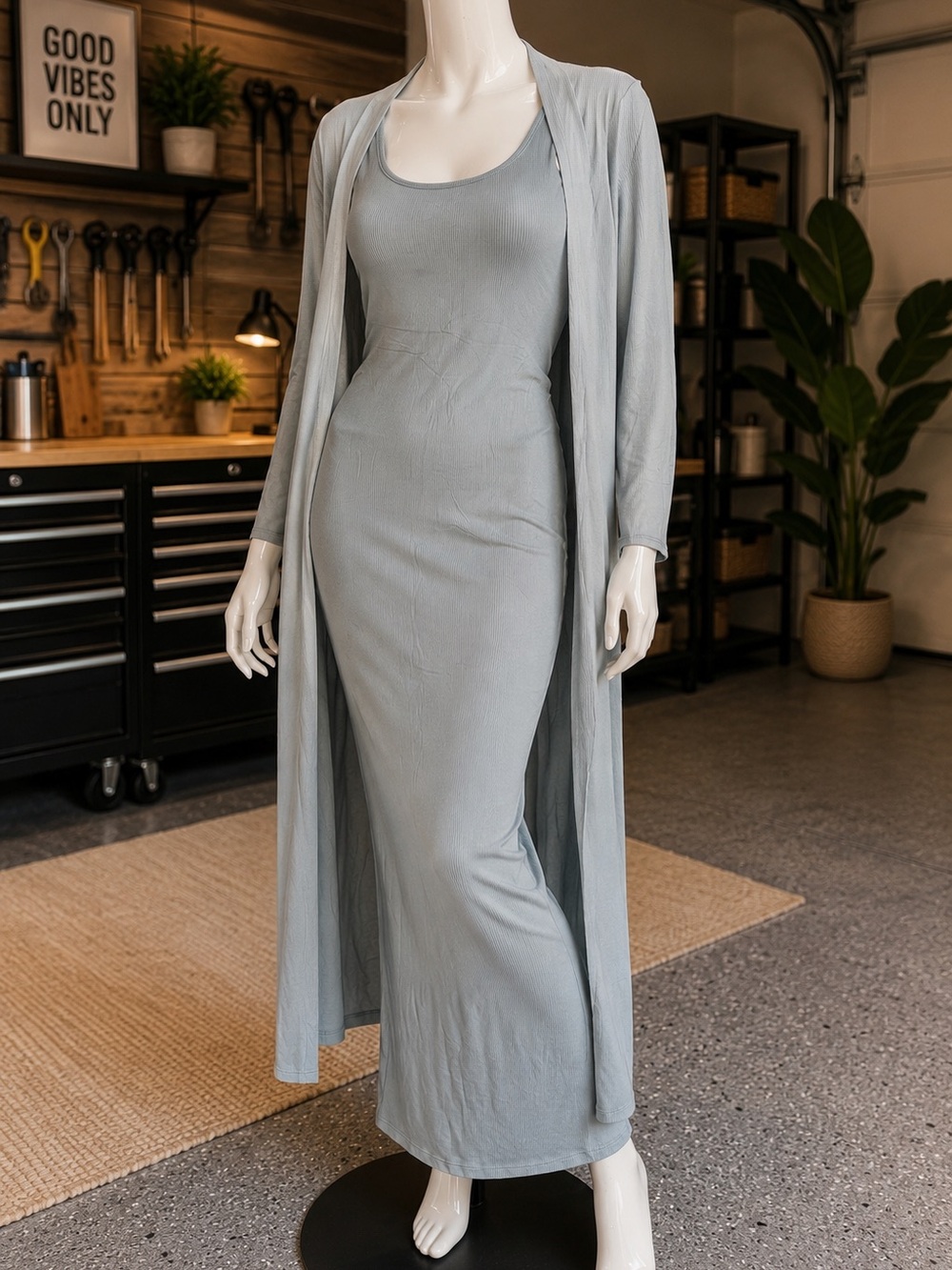 Light Blue Sleeveless Maxi Dress with Matching Duster